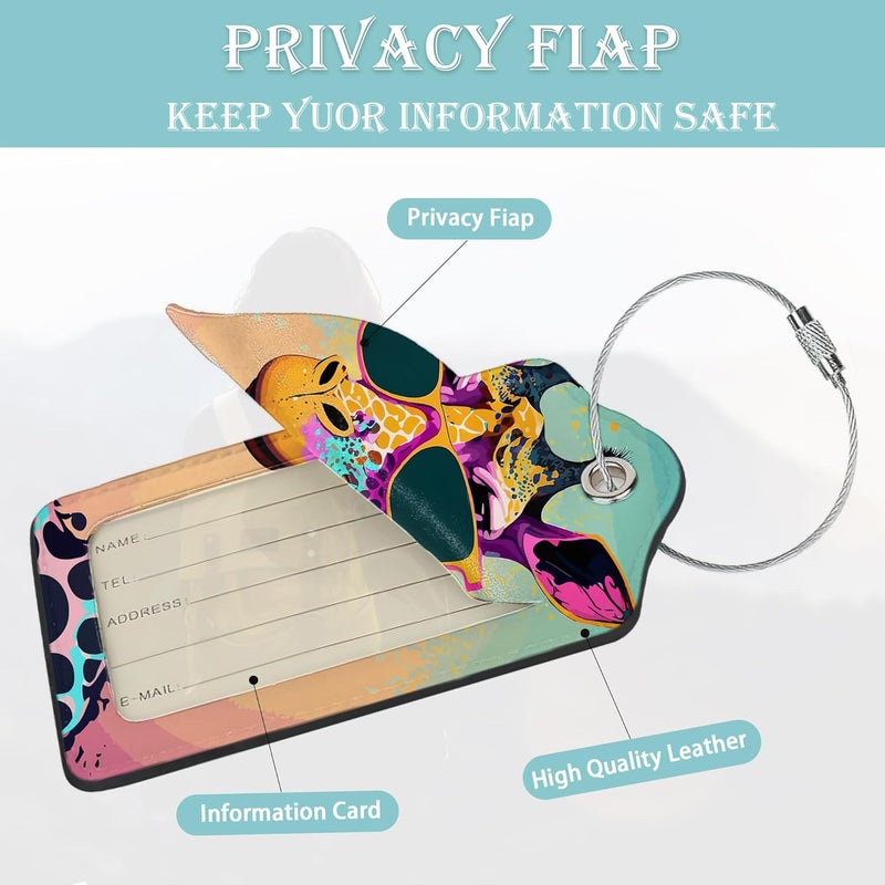 SKYDAWNY Luggage Tags for Suitcase,2 Pack Funny Giraffe Sunglasses Luggage Tag PU Leather Privacy Cover ID Label with Stainless Steel Loop for Women Men Teens Travel - Image 2